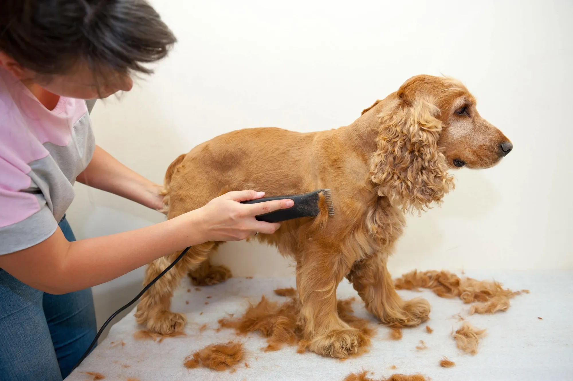 A groomer carefully trimming a cocker spaniel at Patty's Pup Cuts