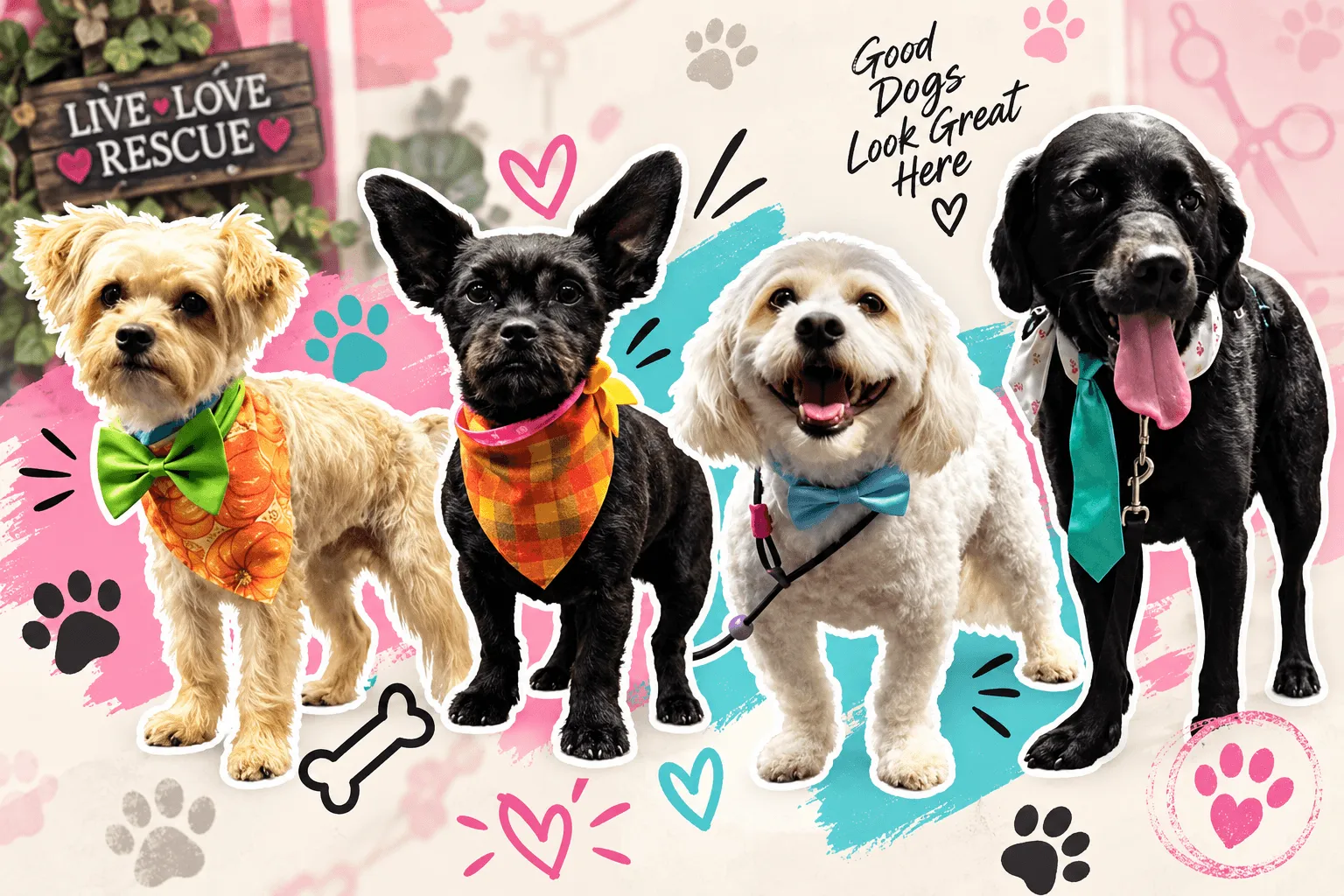 Four happy, freshly groomed dogs in colorful bandanas and bow ties β good dogs look great here